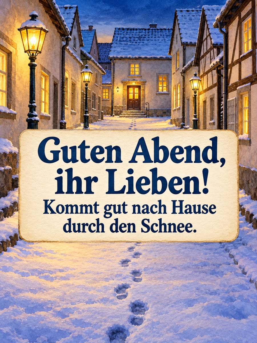 Guten Abend: verschneite Straße mit leuchtenden Laternen und Fußspuren bis zu einer hellen Haustür