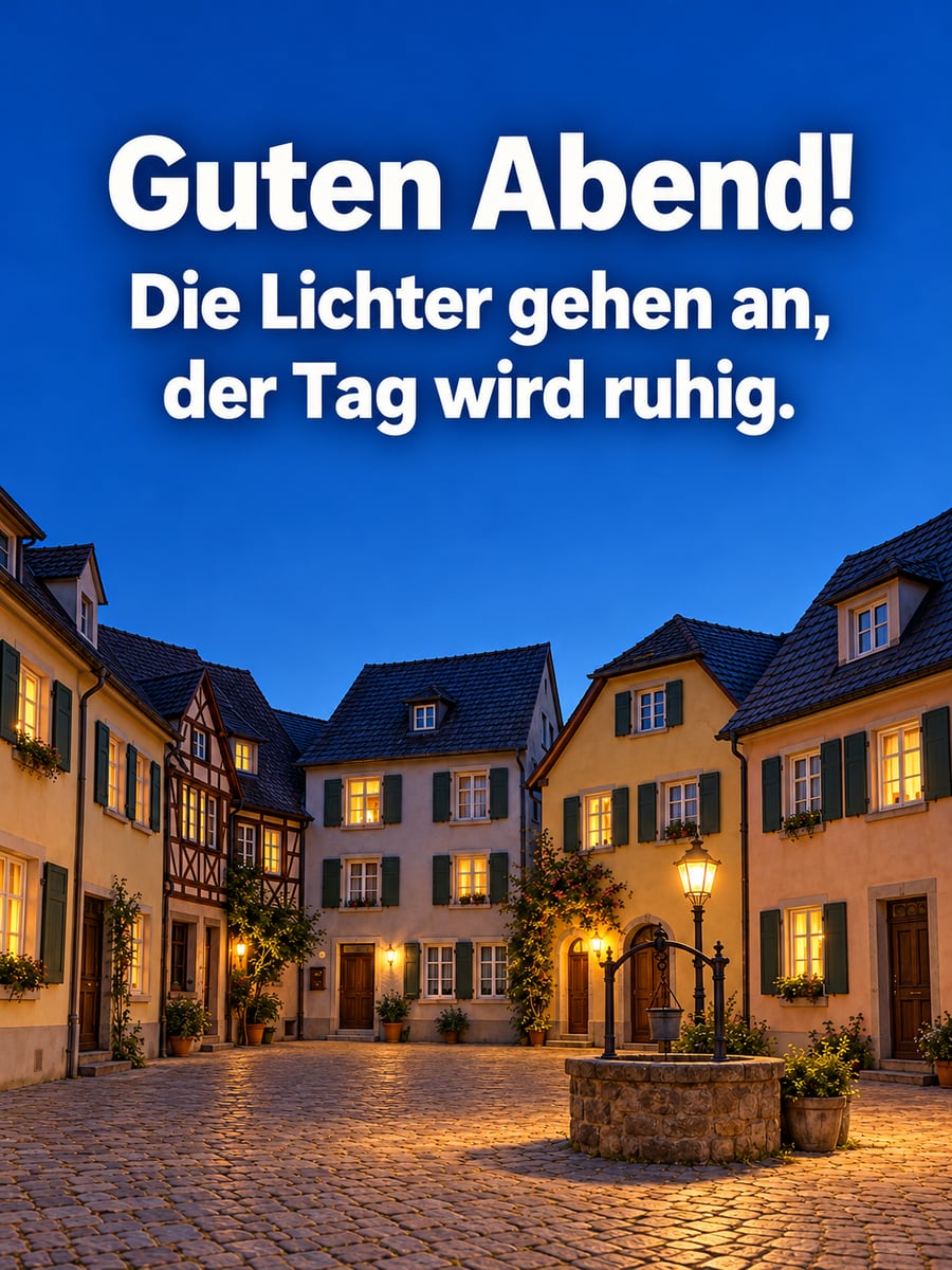 Guten Abend: kleiner Marktplatz mit bunten Häusern, in denen die ersten Fenster zur blauen Stunde leuchten
