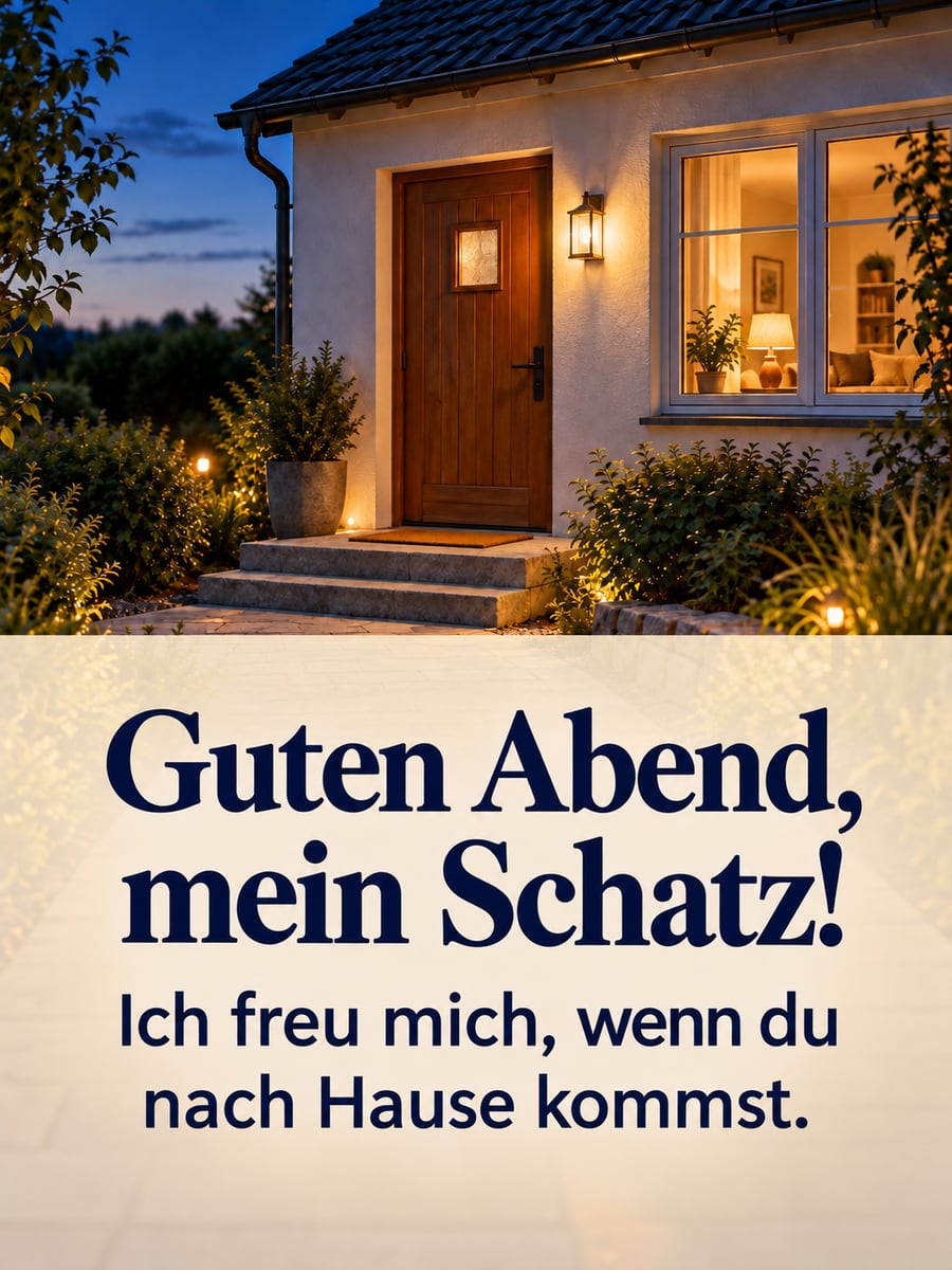 Guten Abend: Haustür mit leuchtender Wandlampe und warm erleuchtetem Fenster zur blauen Stunde