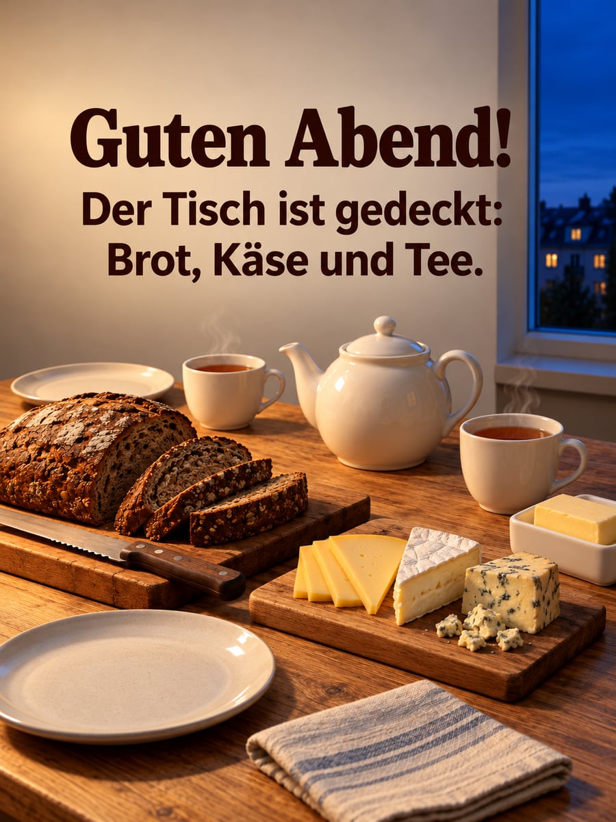 Guten Abend: Abendbrottisch mit Roggenbrot auf dem Holzbrett, Käse, Butter und einer weißen Teekanne