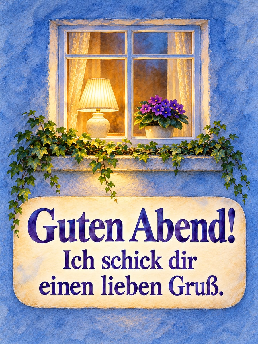 Guten Abend: Fenster mit leuchtender Tischlampe und Usambaraveilchen auf der Fensterbank, von außen gesehen