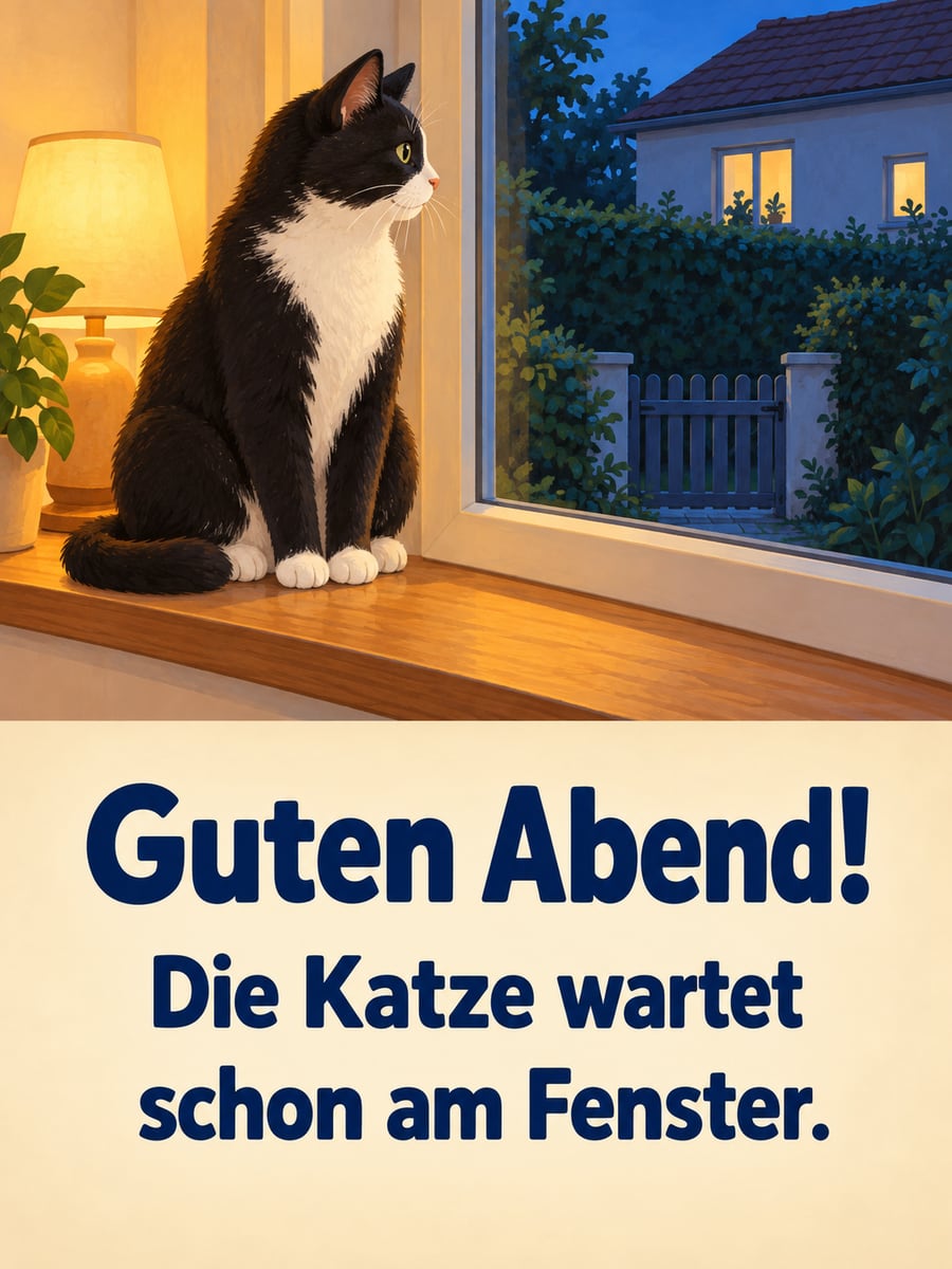Guten Abend: schwarz-weiße Katze sitzt auf der Fensterbank und schaut in den blauen Abend hinaus
