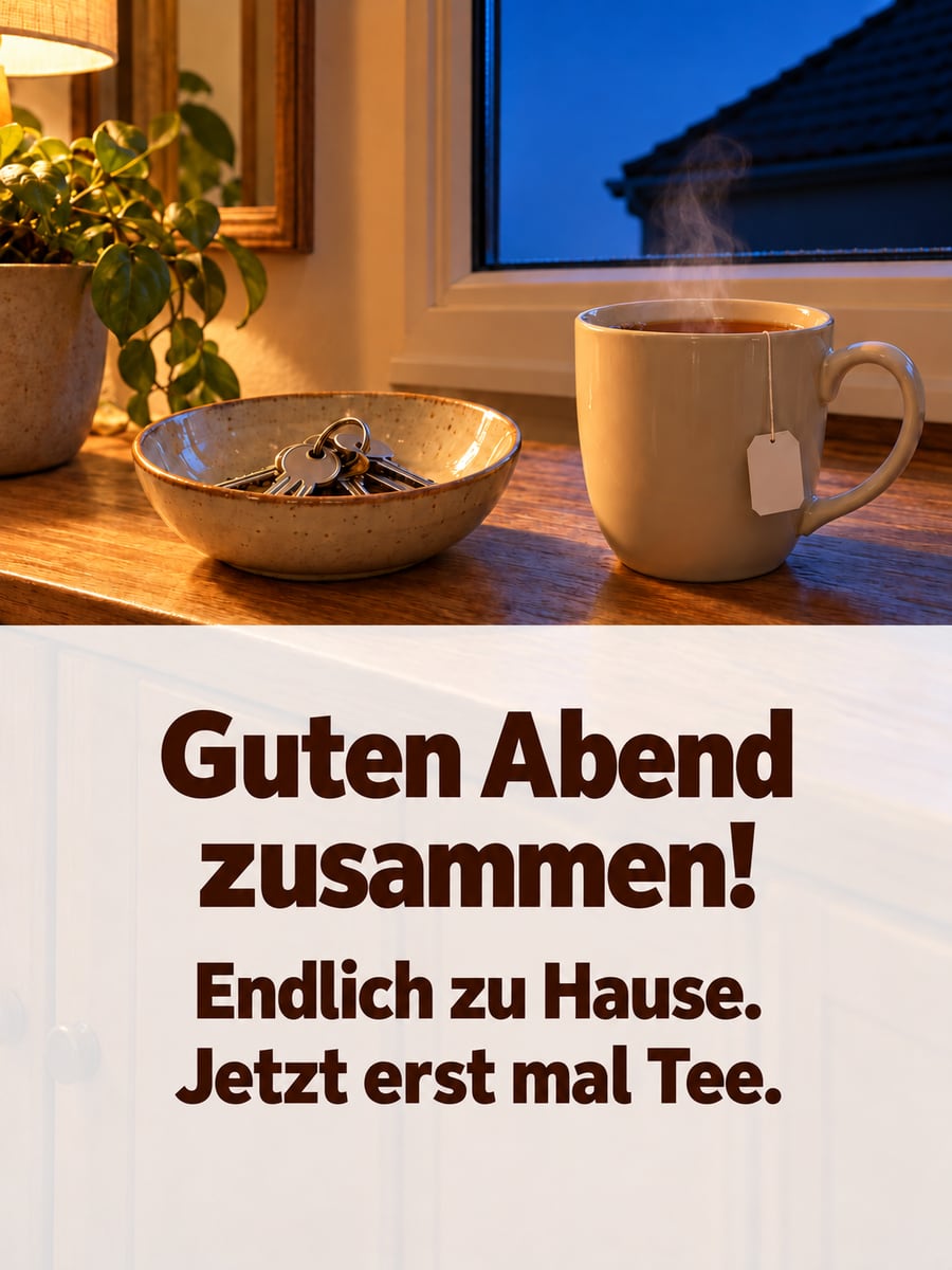 Guten Abend: Schlüssel in einer Schale und ein dampfender Becher Tee auf der Flurkommode zur blauen Stunde