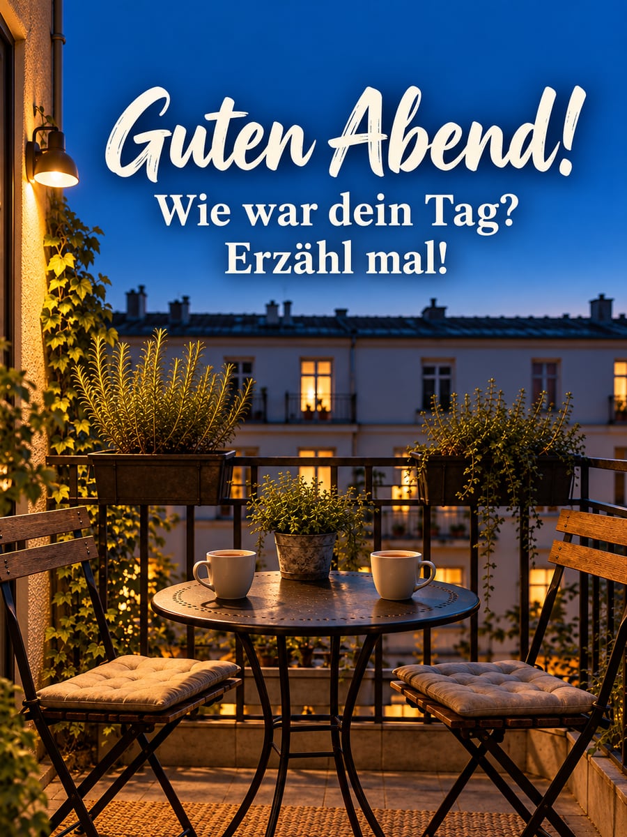 Guten Abend: zwei Tassen Tee auf einem kleinen Balkontisch mit zwei Klappstühlen zur blauen Stunde