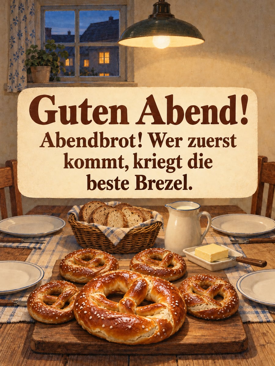 Guten Abend: Abendbrottisch mit Brezeln auf dem Holzbrett, vorne eine besonders große, dazu Brot und Butter