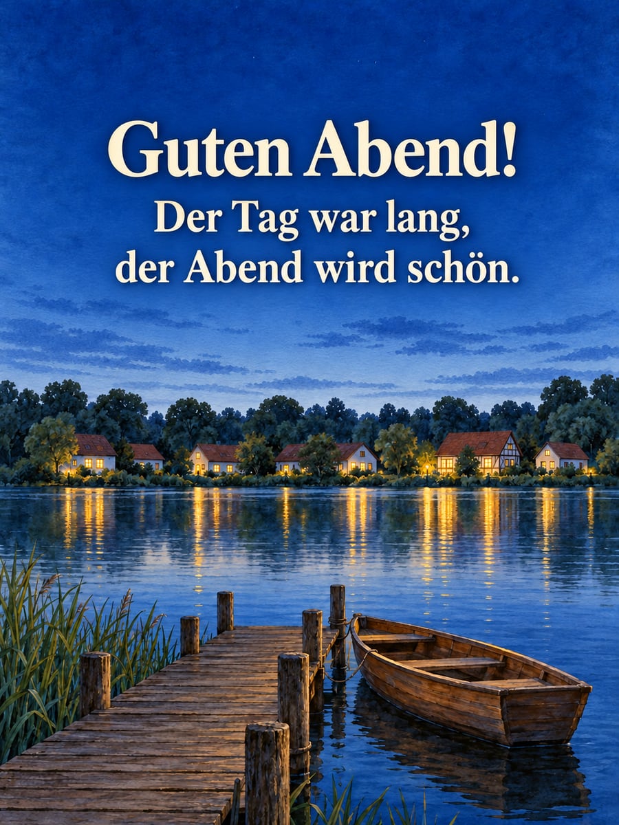 Guten Abend: stiller See zur blauen Stunde, am anderen Ufer spiegeln sich erleuchtete Häuser im Wasser