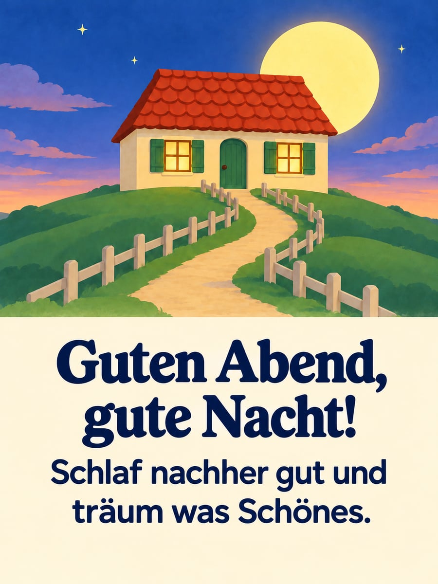 Guten Abend, gute Nacht: kleines Haus auf dem Hügel, hinter dem Dach geht der Mond auf, die Fenster leuchten