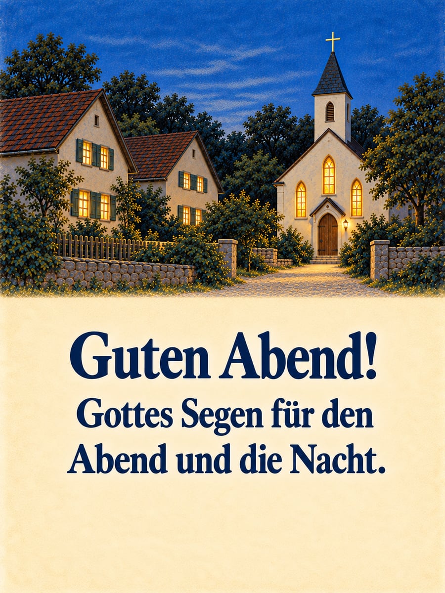 Guten Abend: kleine weiße Dorfkapelle zur blauen Stunde, die hohen Bogenfenster leuchten warm in den Abend