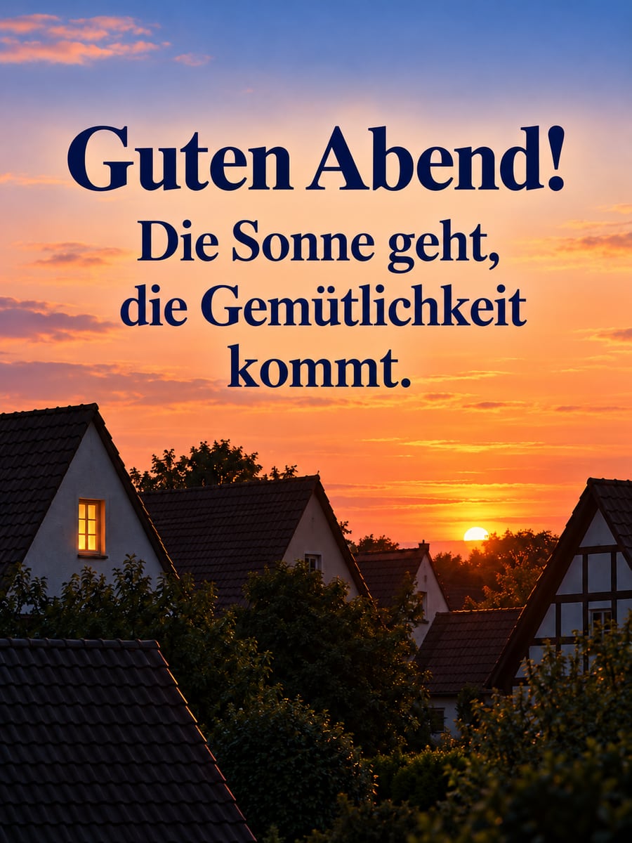 Guten Abend: dunkle Dächer und Giebel am Stadtrand vor dem glühenden Abendhimmel, ein erstes Fenster leuchtet