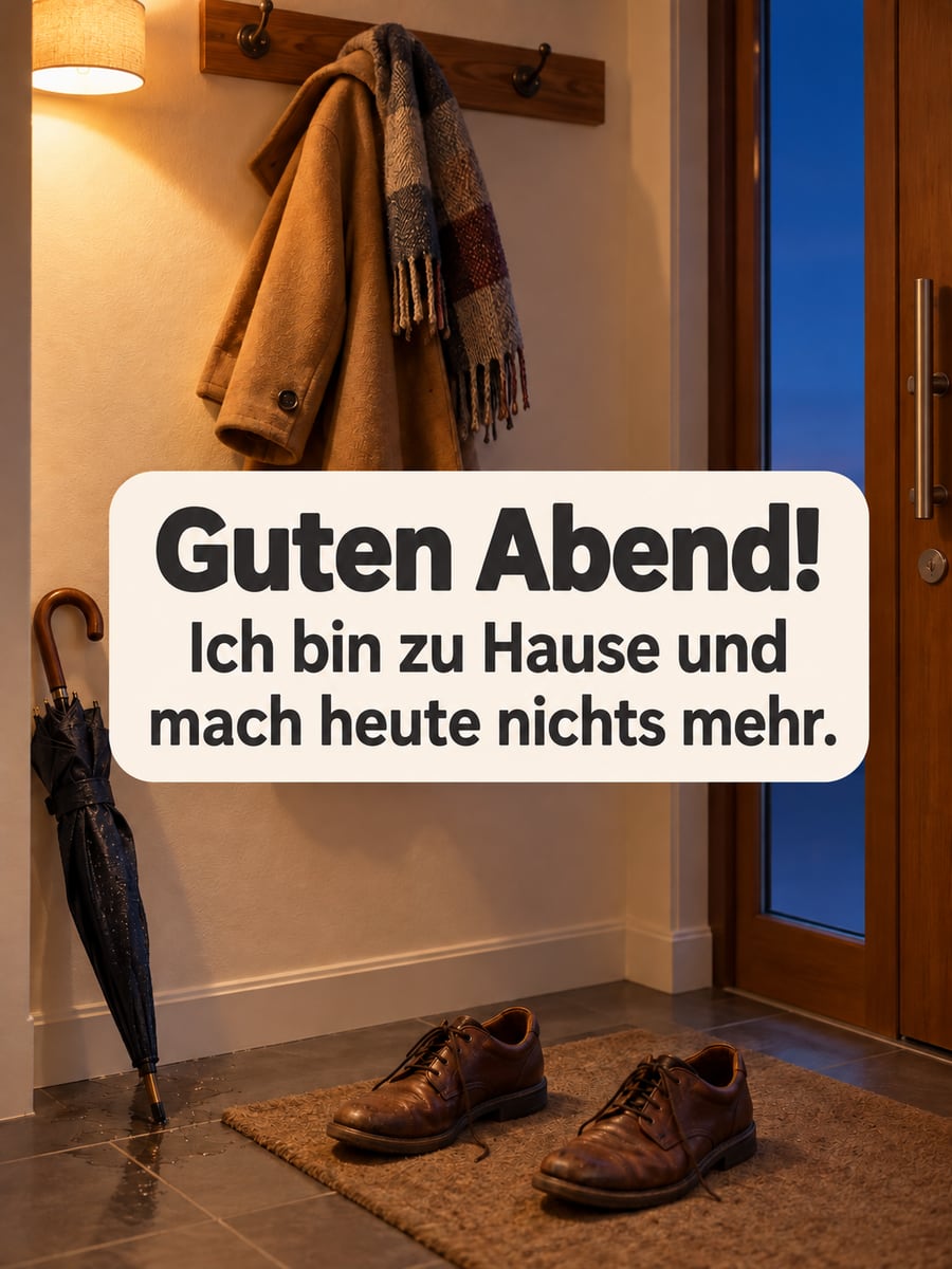 Guten Abend: Mantel hängt schief an der Garderobe, daneben ein nasser Schirm und ausgezogene Schuhe auf der Fußmatte