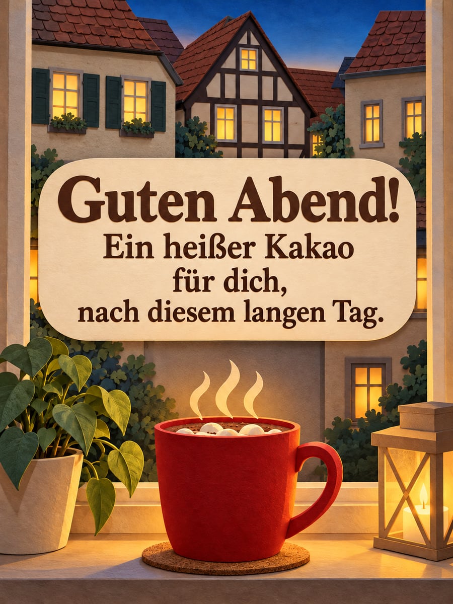 Guten Abend: Scherenschnitt mit rotem Kakaobecher und Dampf auf der Fensterbank vor dem dunkelblauen Abend
