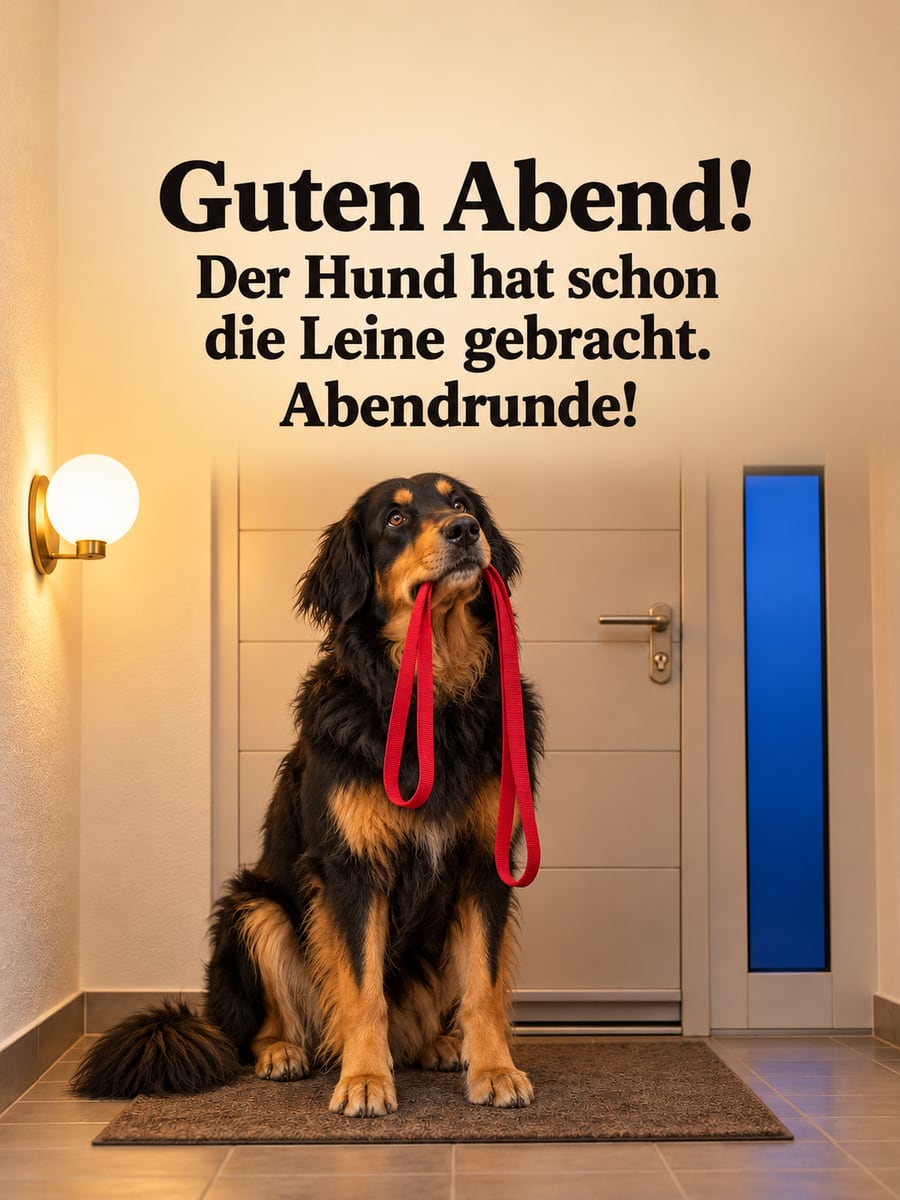 Guten Abend: schwarz-goldener Hovawart sitzt mit roter Leine im Maul vor der Haustür unter der Wandlampe