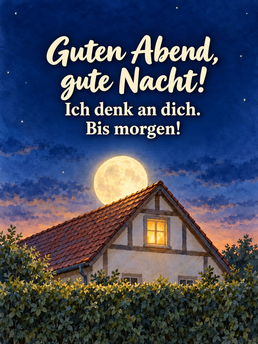 Guten Abend, gute Nacht: altes Giebelhaus im Aquarell, der Vollmond steht tief über dem Dach