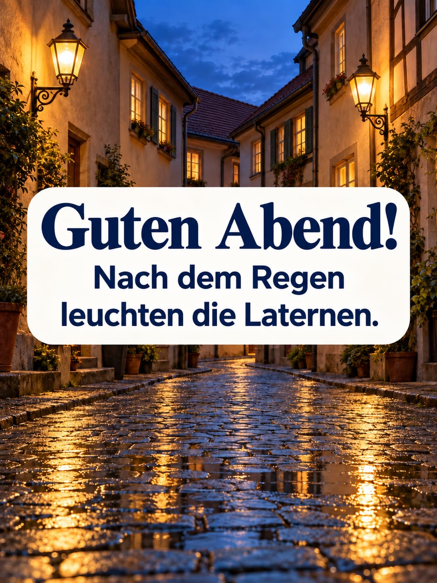 Guten Abend: nasse Pflastersteine in einer Altstadtgasse spiegeln nach dem Regen das Licht zweier Laternen