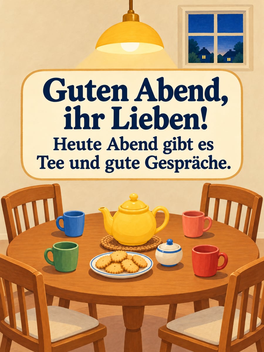 Guten Abend: runder Küchentisch mit gelber Teekanne, vier bunten Bechern und Butterkeksen, die Stühle warten