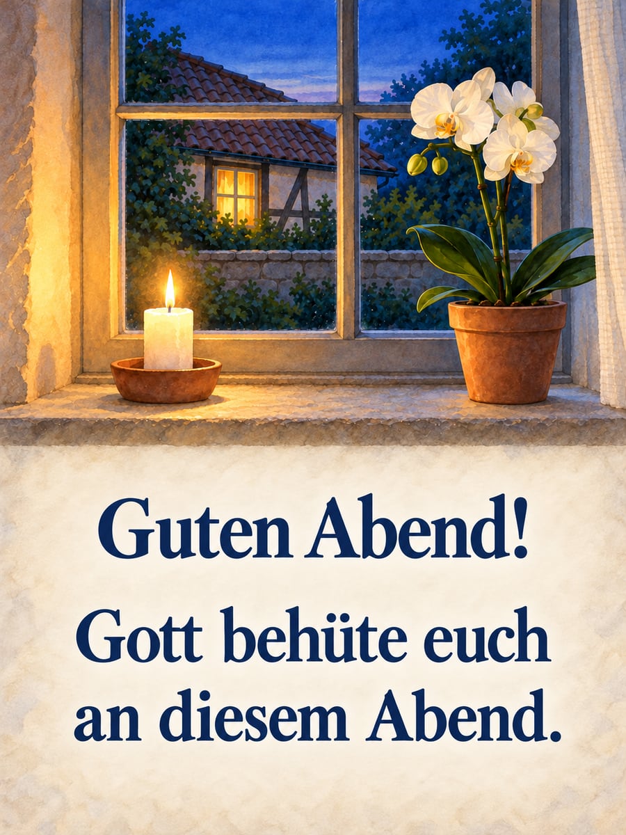 Guten Abend: kleine weiße Kerze und eine weiße Orchidee auf dem steinernen Fensterbrett zur blauen Stunde