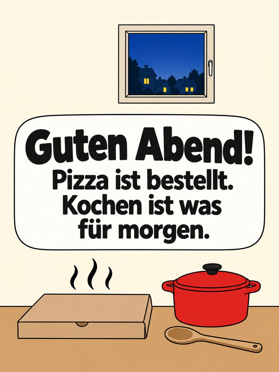 Guten Abend: Cartoon mit geschlossenem Pizzakarton auf der Arbeitsplatte, daneben ein unbenutzter Kochtopf