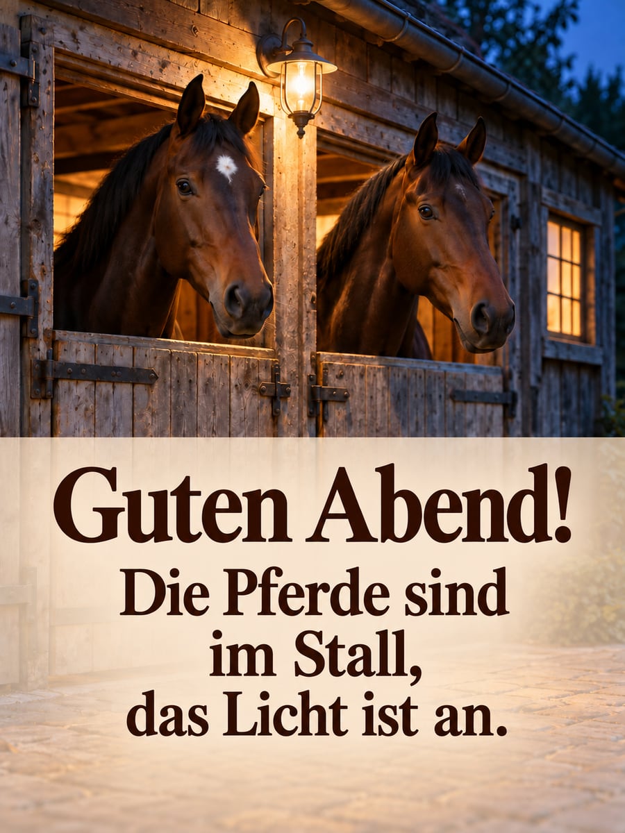 Guten Abend: zwei dunkelbraune Pferde schauen über die Stalltür, darüber leuchtet die Stalllampe zur blauen Stunde