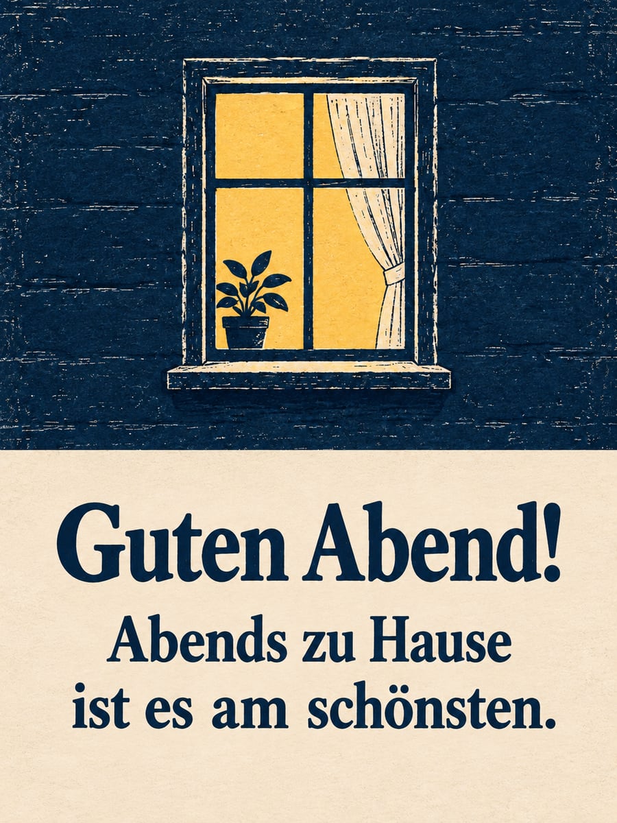 Guten Abend: schlichter Linoldruck mit einem warm erleuchteten Fenster in einer dunkelblauen Hauswand