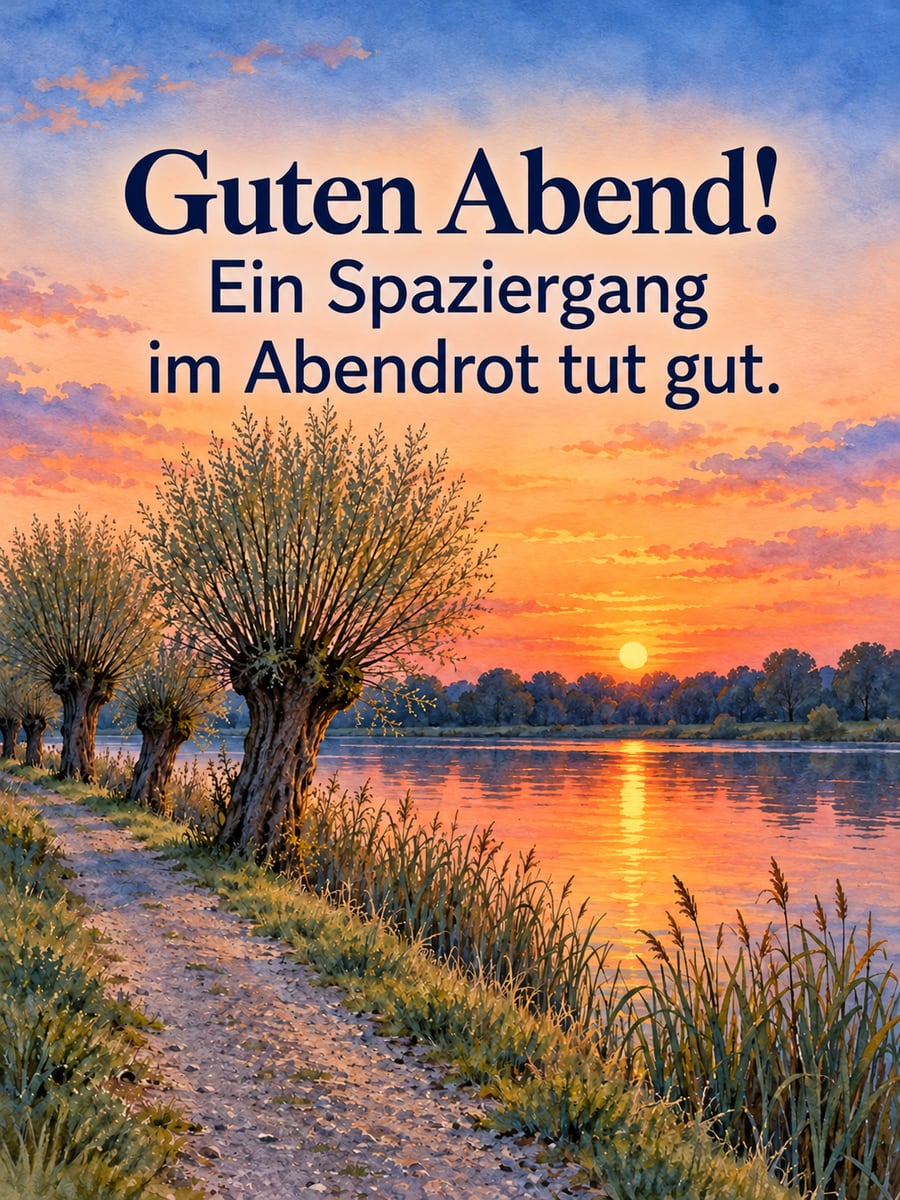 Guten Abend: Kiesweg am Fluss im Abendrot mit Kopfweiden und Schilf, der Himmel spiegelt sich im ruhigen Wasser