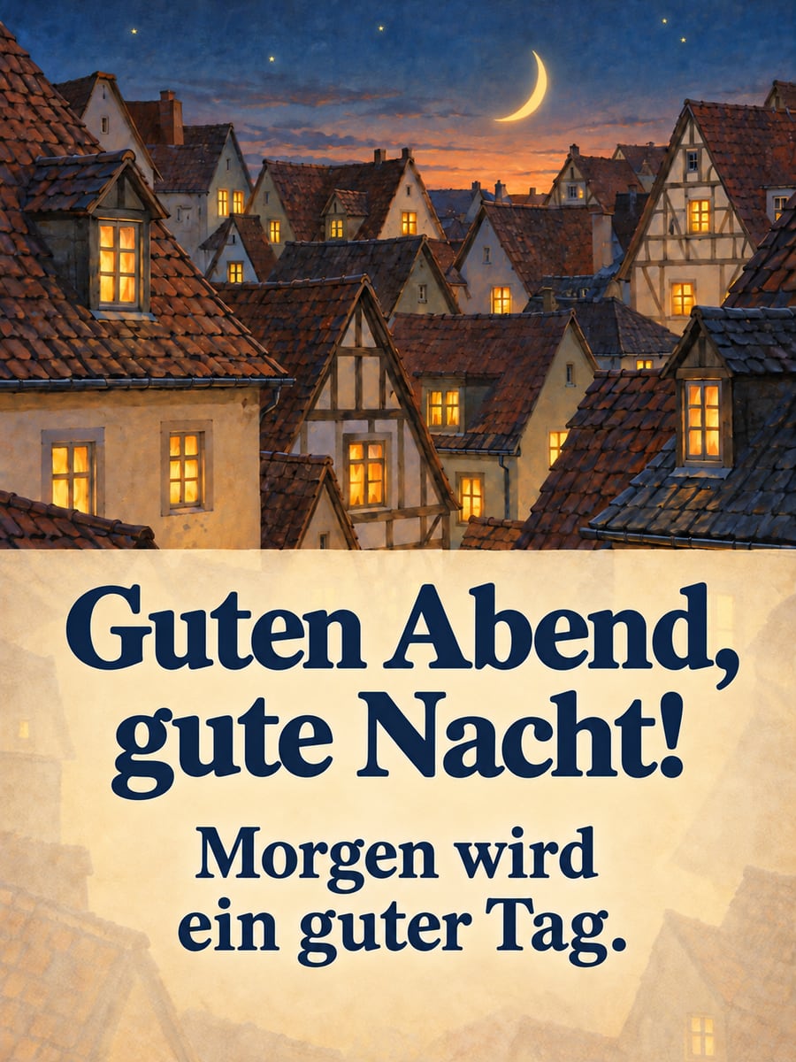 Guten Abend, gute Nacht: verwinkelte Altstadtdächer mit leuchtenden Fenstern, darüber eine schmale Mondsichel