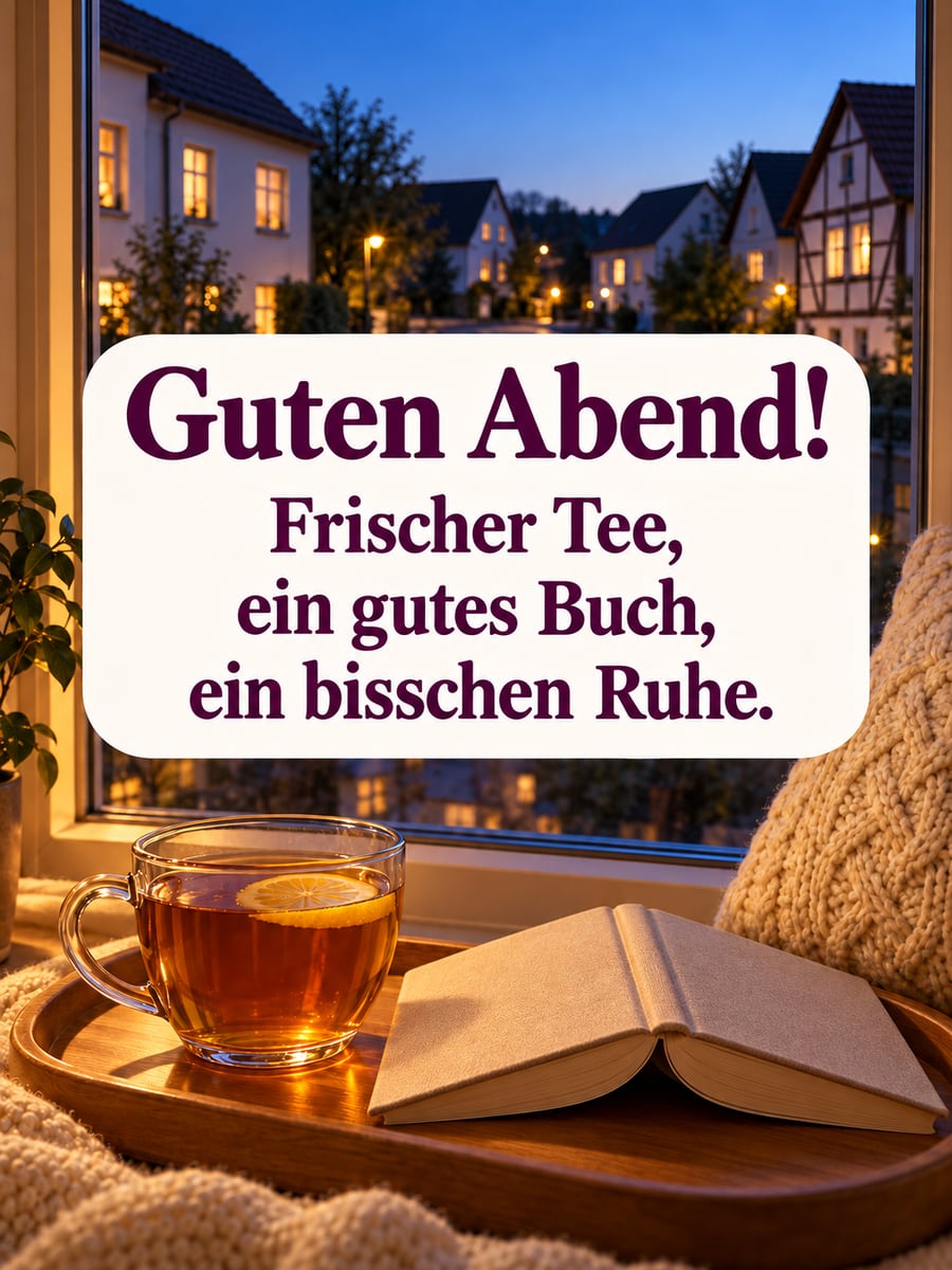 Guten Abend: Glas Tee auf einem Holztablett am Fensterplatz, daneben ein aufgeschlagenes Buch, draußen blaue Stunde