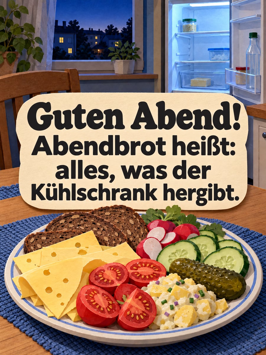 Guten Abend: übervoller Teller mit Brot, Käse, Tomaten und Gurken, daneben ein fast leerer Kühlschrank