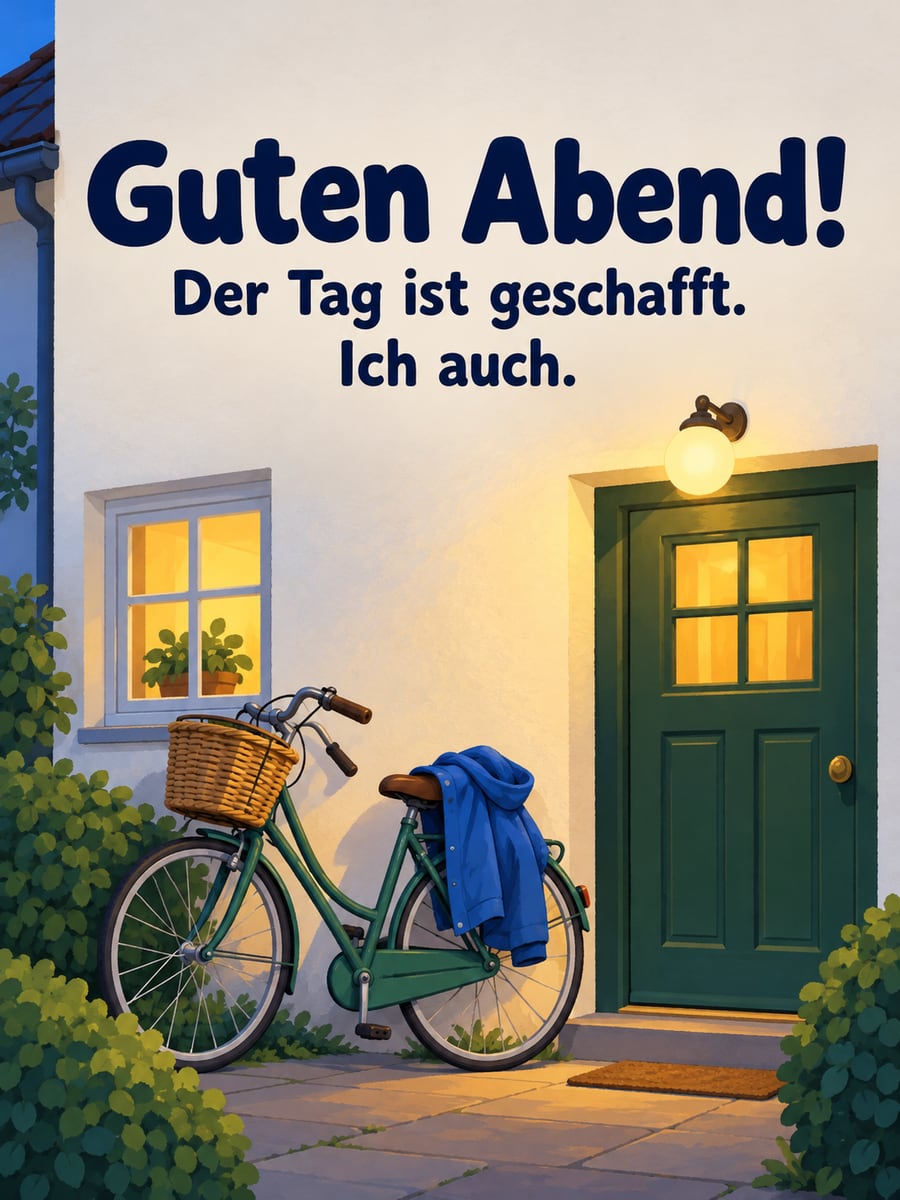Guten Abend: Fahrrad mit Weidenkorb lehnt schief neben der Haustür, Regenjacke auf dem Sattel, die Türlampe brennt