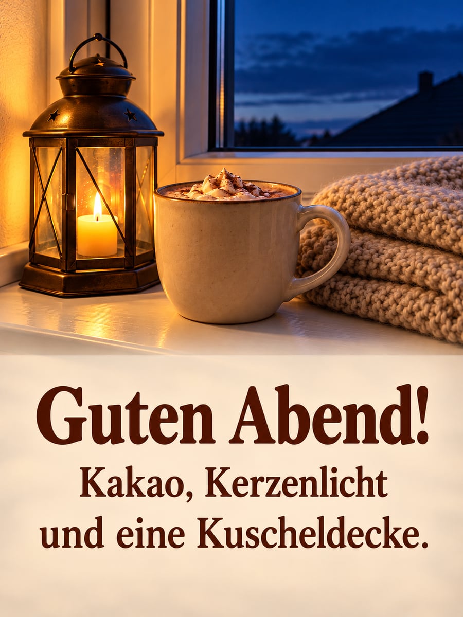 Guten Abend: Becher Kakao, kleine Laterne mit Kerze und eine gefaltete Strickdecke auf der Fensterbank