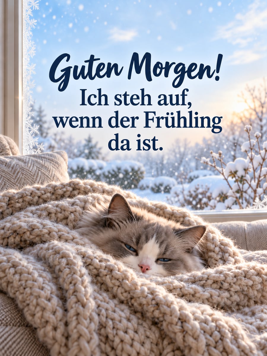 Guten Morgen lustig: Ragdoll-Katze kuschelt sich tief in eine Wolldecke, draußen fällt Schnee