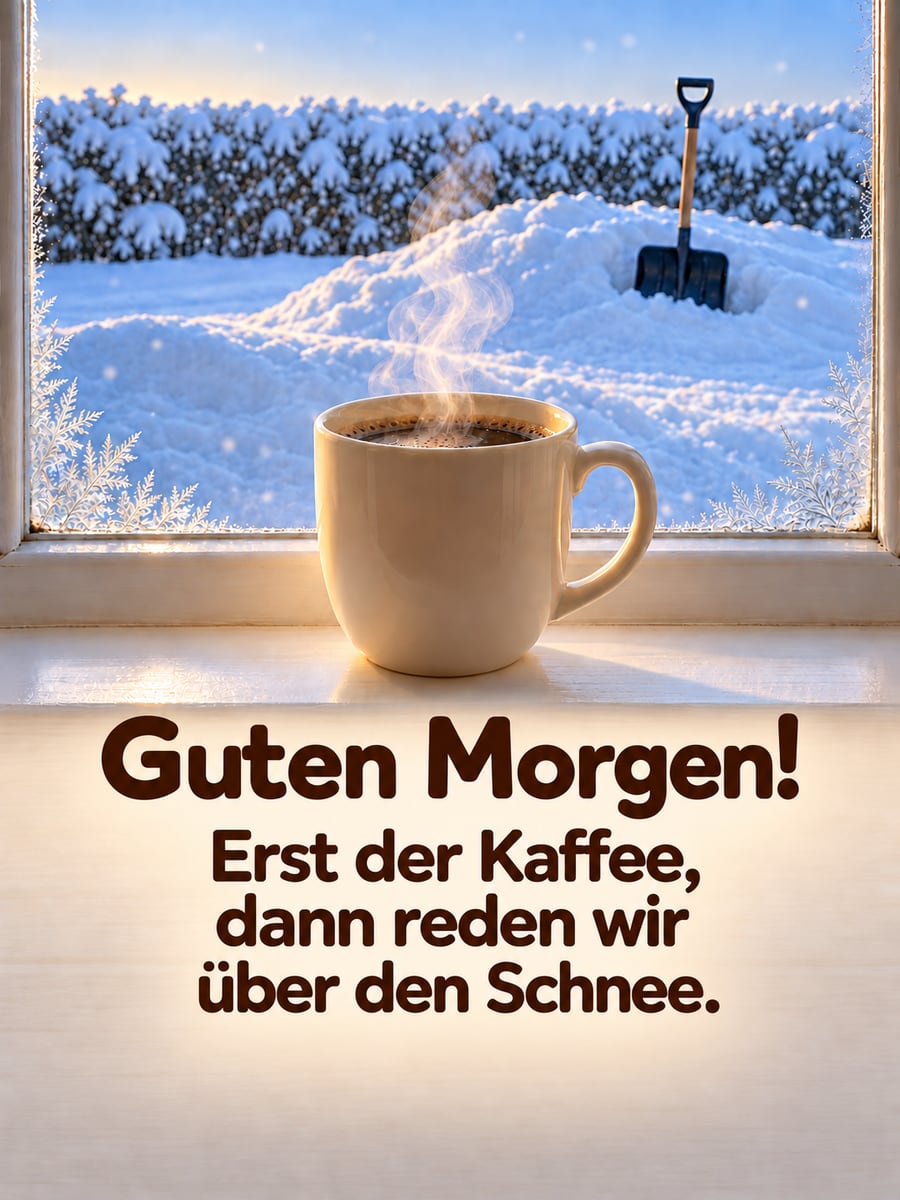 Guten Morgen lustig: Kaffeetasse auf der Fensterbank, draußen steckt eine Schneeschaufel im Schneehaufen