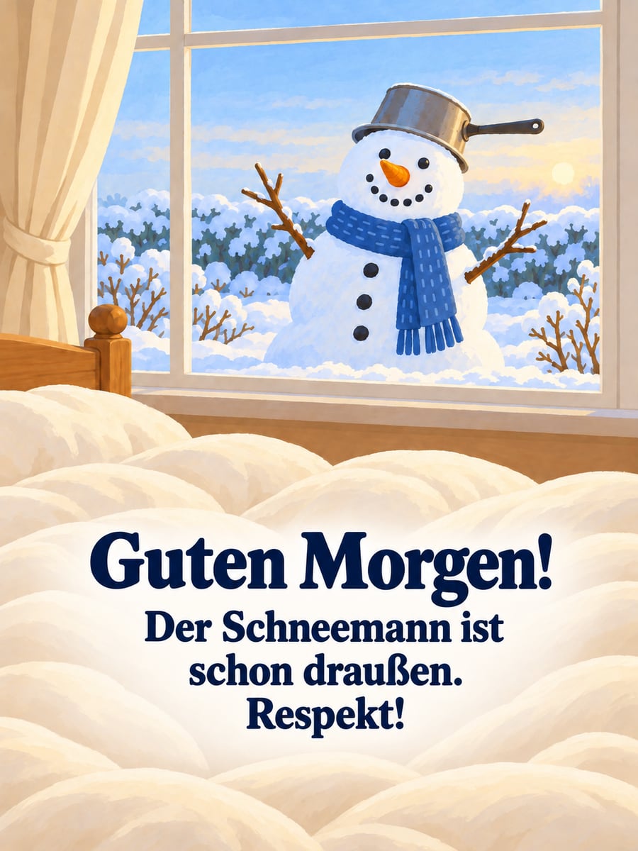 Guten Morgen lustig: fröhlicher Schneemann mit Kochtopf als Hut im Garten, vorne ein zerwühltes Bett