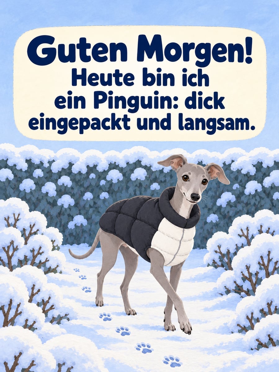 Guten Morgen lustig: Italienisches Windspiel im dicken Steppmantel läuft ganz langsam durch den Schnee