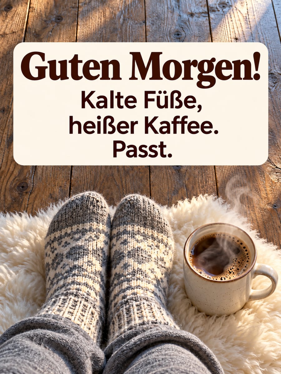Guten Morgen lustig: Füße in dicken Wollsocken auf einem Lammfell neben einer Tasse heißem Kaffee