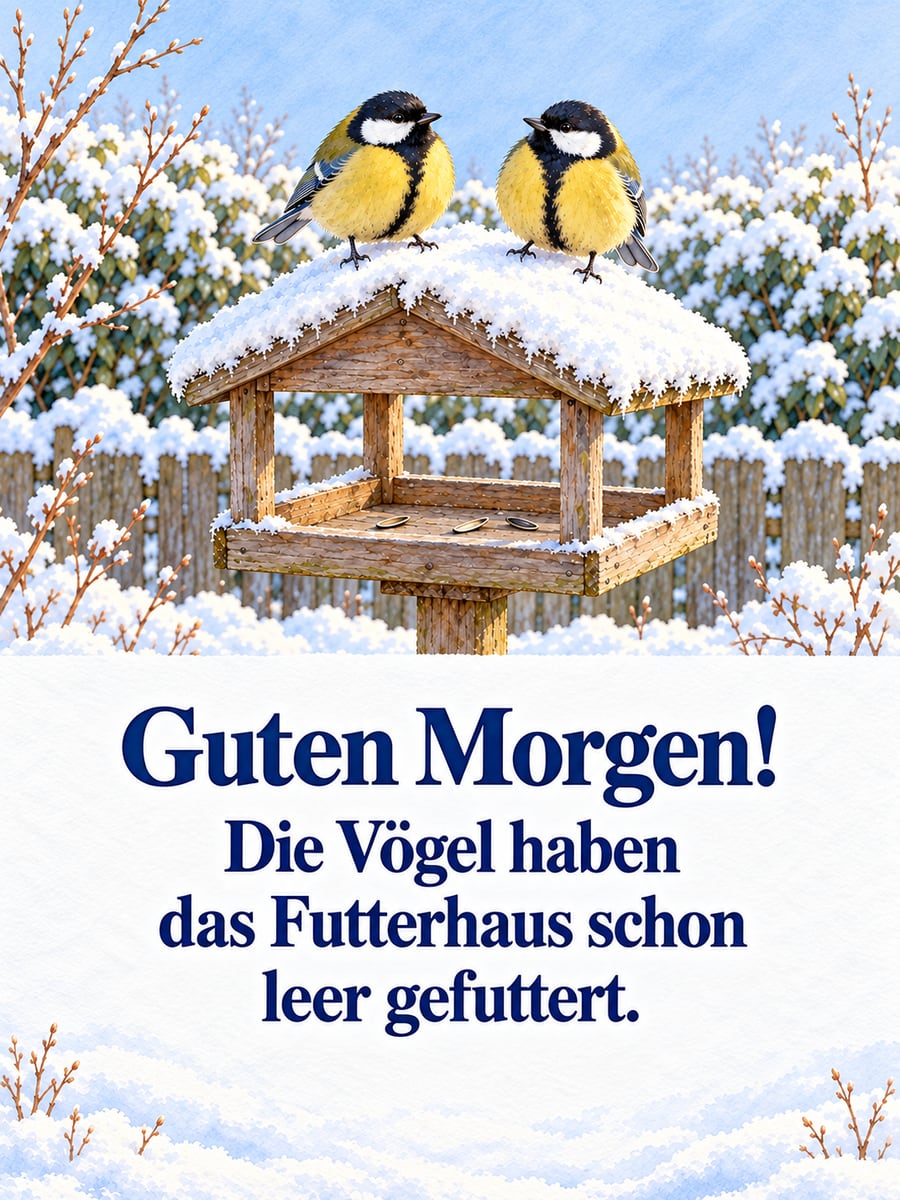 Guten Morgen lustig: zwei satte Kohlmeisen auf dem Dach eines leer gefressenen Futterhauses im Schnee