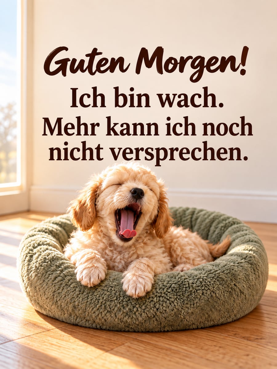Guten Morgen lustig: cremefarbener Welpe mit lockigem Fell gähnt herzhaft in seinem runden Hundebett