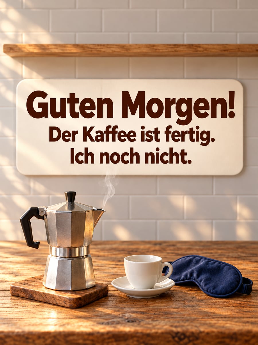 Guten Morgen lustig: Espressokanne dampft auf einem Holzbrett, daneben eine leere Tasse und eine Schlafmaske