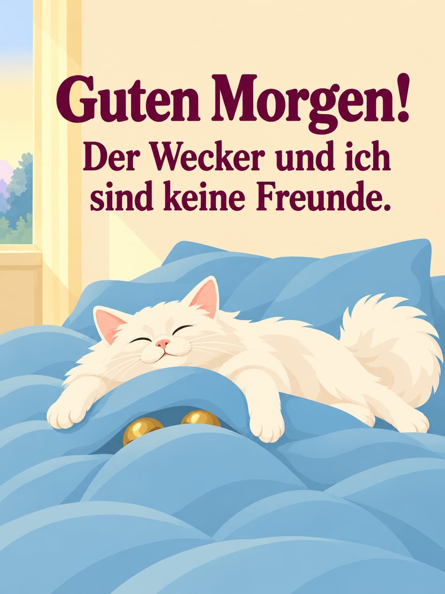 Guten Morgen lustig: weiße Angorakatze liegt zufrieden auf dem Wecker unter der Bettdecke, nur die Glocken sind zu sehen