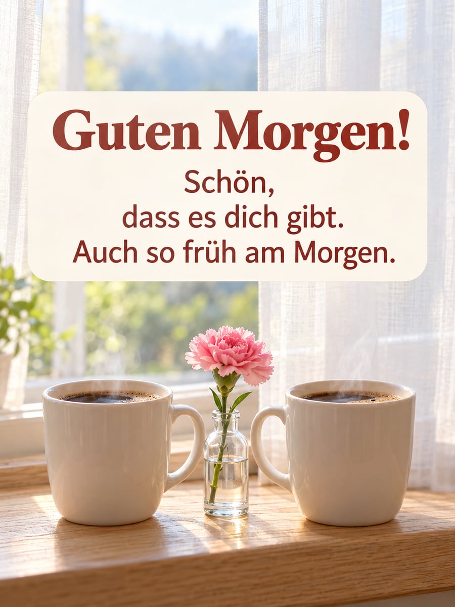 Guten Morgen lustig: zwei Kaffeebecher stehen dicht beieinander auf dem Fensterbrett, dazwischen eine kleine rosa Nelke