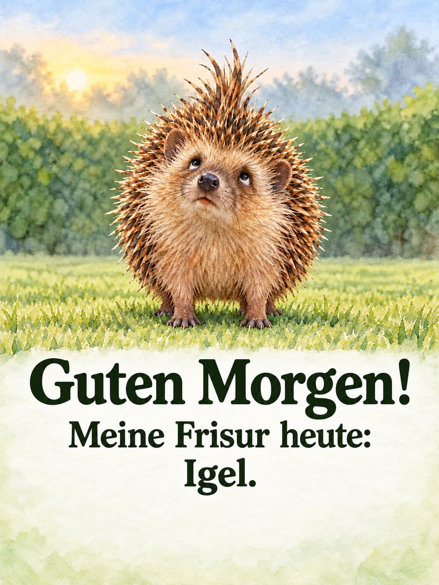 Guten Morgen lustig: kleiner Igel auf dem Rasen, seine Stacheln stehen wild in alle Richtungen