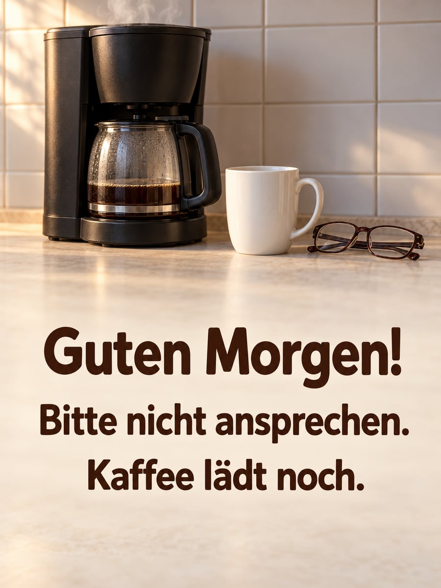 Guten Morgen lustig: Filterkaffeemaschine läuft noch, die Kanne ist erst zu einem Drittel voll, davor Becher und Brille