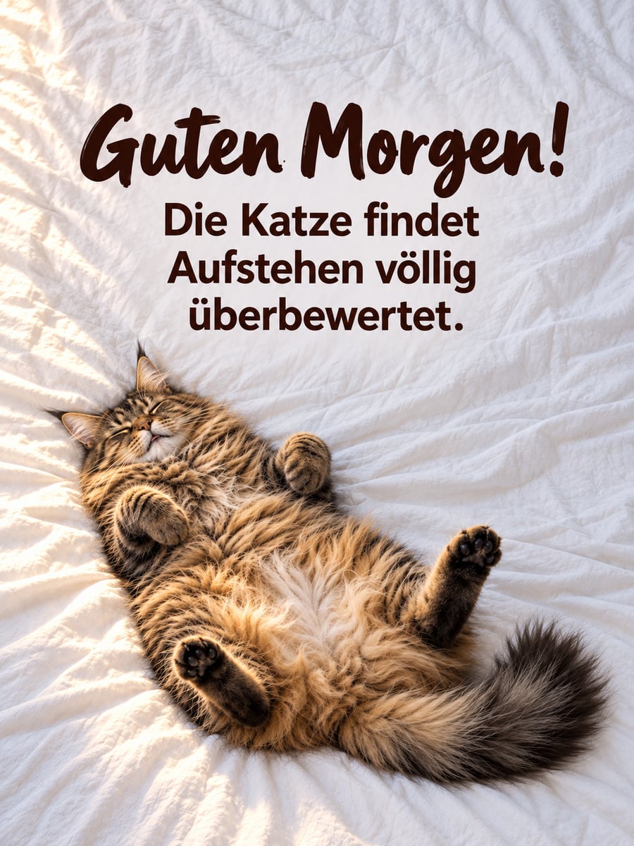 Guten Morgen lustig: braun getigerte Maine-Coon-Katze liegt auf dem Rücken auf dem Bettlaken, alle Pfoten in der Luft