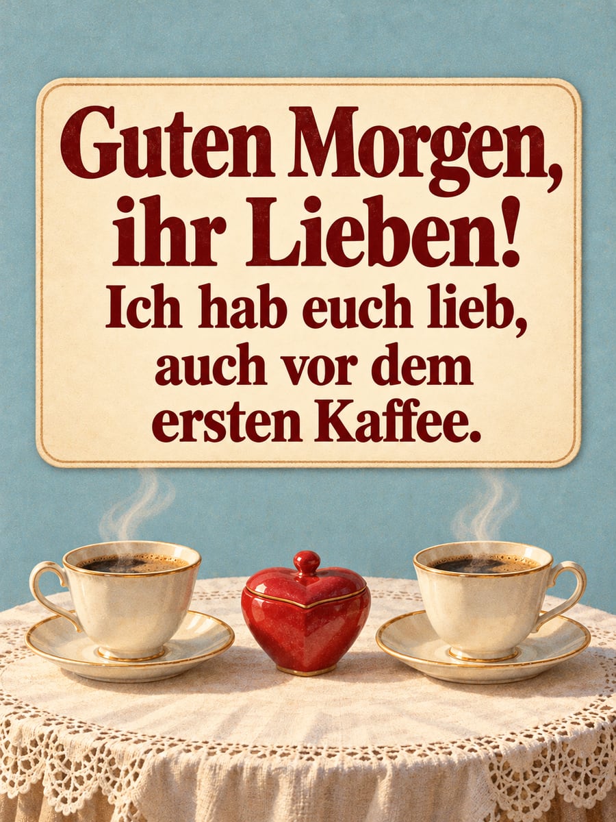 Guten Morgen lustig: zwei Porzellantassen Kaffee auf einem runden Tisch, dazwischen eine rote Zuckerdose in Herzform