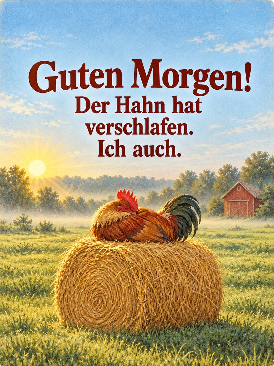 Guten Morgen lustig: Hahn schläft tief auf einem runden Strohballen, obwohl die Sonne schon aufgegangen ist
