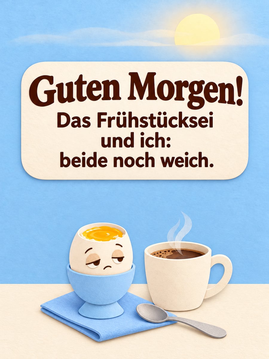 Guten Morgen lustig: weich gekochtes Ei mit müdem Gesicht im Eierbecher, daneben Löffel und eine Tasse Kaffee
