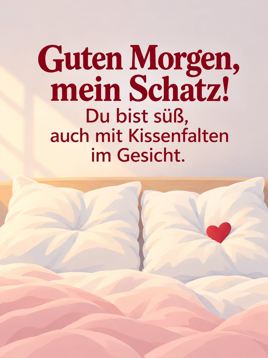 Guten Morgen lustig: zwei zerknautschte Kopfkissen nebeneinander im Morgenlicht, auf einem liegt ein rotes Filzherz