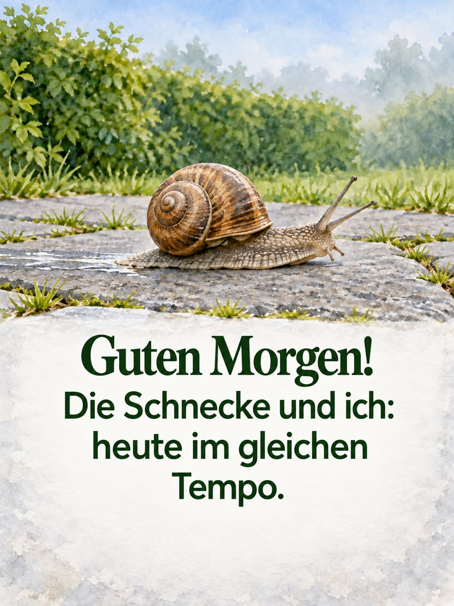 Guten Morgen lustig: Gartenschnecke mit braunem Haus kriecht ganz langsam über einen Weg aus Steinplatten