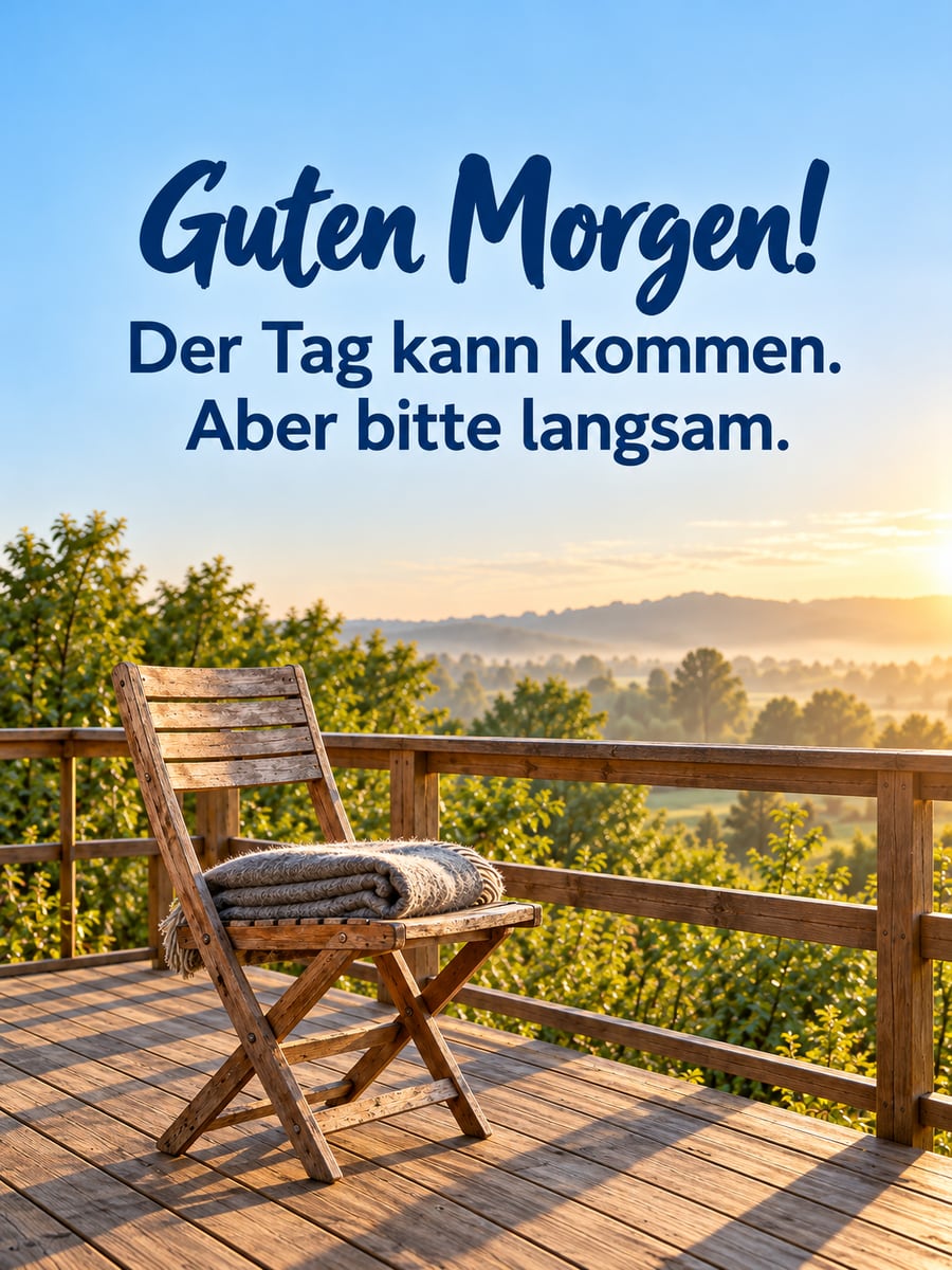 Guten Morgen lustig: leerer Holzklappstuhl mit gefalteter Wolldecke auf dem Balkon im frischen Morgenlicht