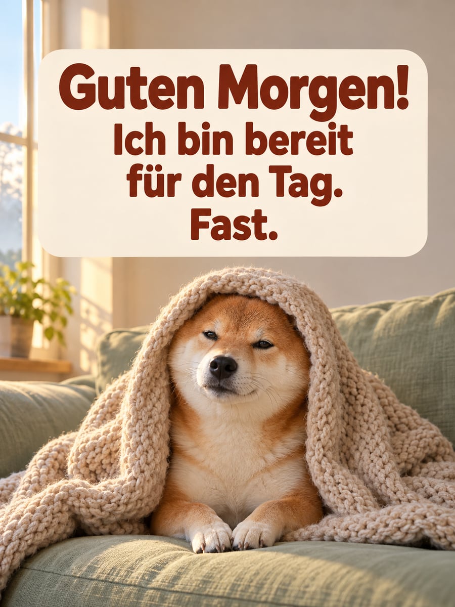 Guten Morgen lustig: roter Shiba Inu sitzt auf dem Sofa, eine Strickdecke über dem Kopf wie eine Kapuze