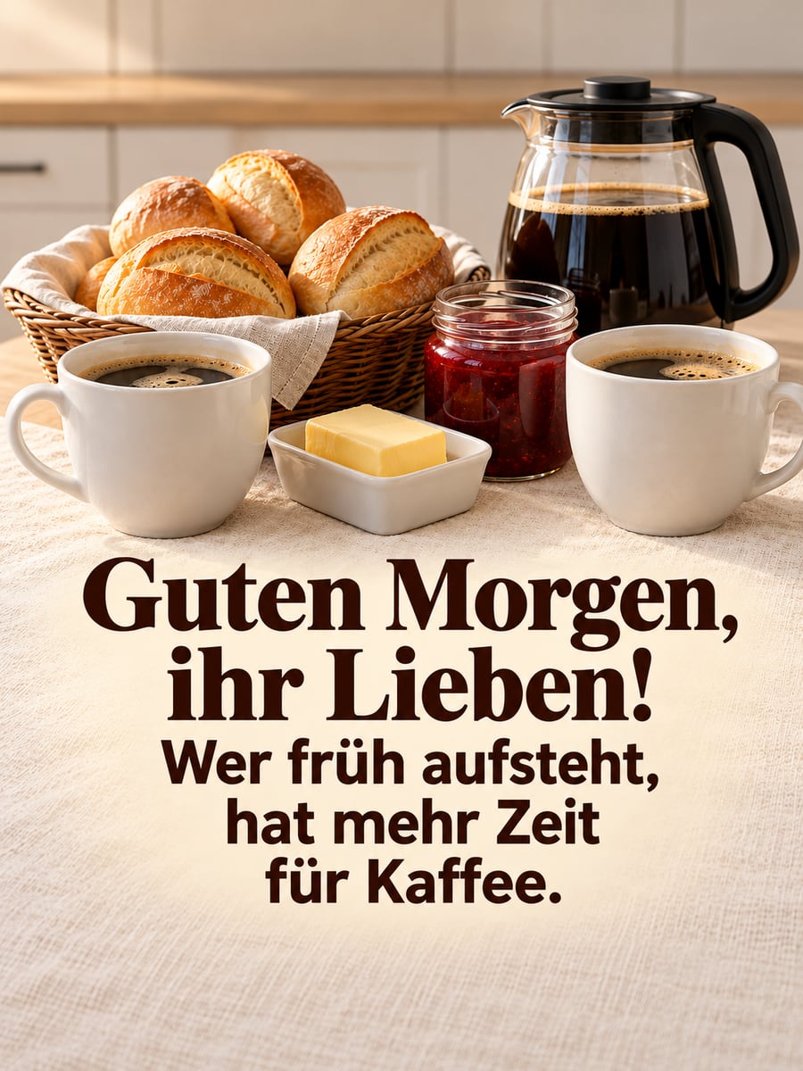 Guten Morgen lustig: Frühstückstisch mit zwei Tassen Kaffee, voller Kaffeekanne, Brötchenkorb, Butter und Marmelade
